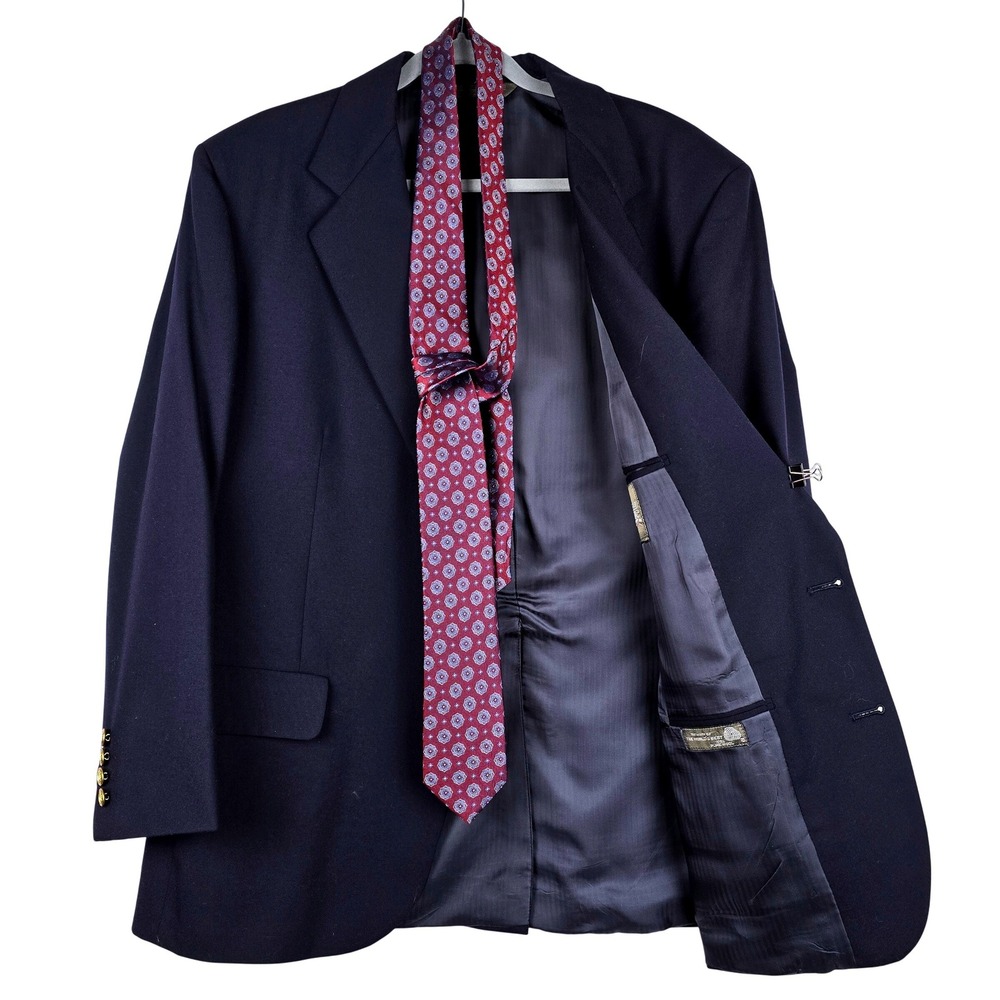Nordstrom PlusOne Mens 44R Navy Blue 100% Wool Blazer Gold Crest Button USA Made